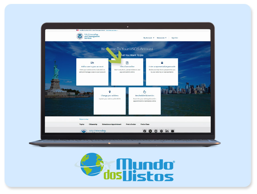 Criar conta no USCIS - Tela File a form online
